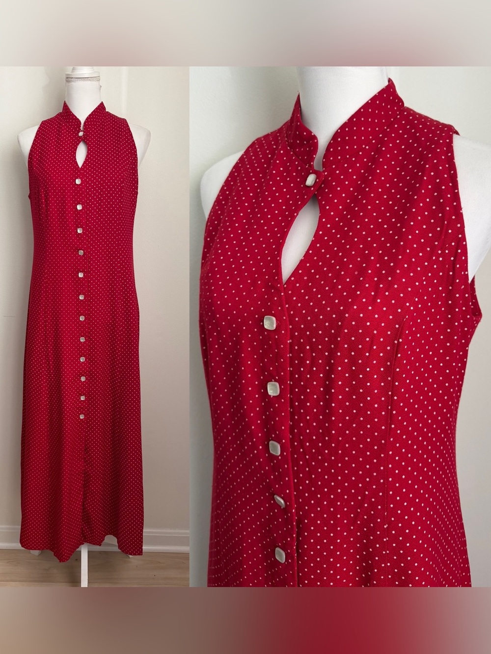 1990s Red White Polka Dot Key Hole High Collar Dress by Jessica Howard, Large